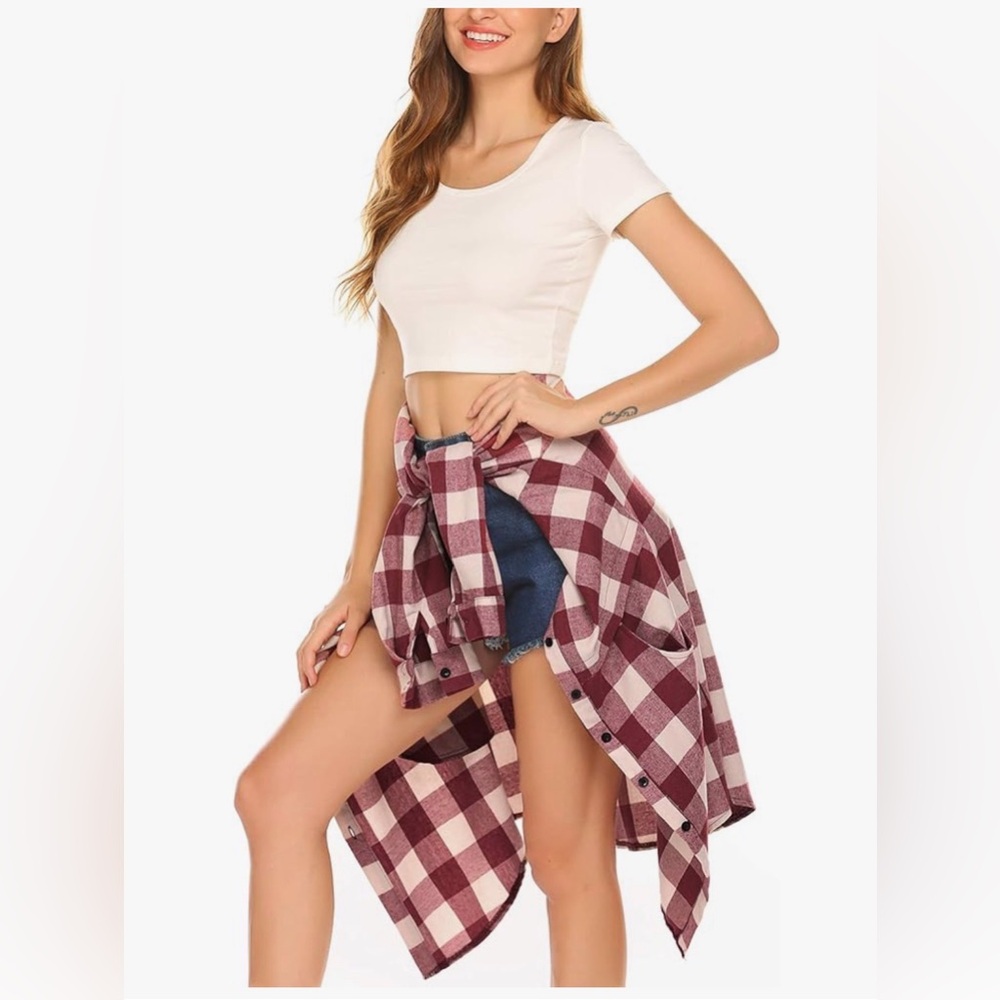 Red and Black Plaid Button-Up Boyfriend Flannel Tunic Length - Picture 4 of 16